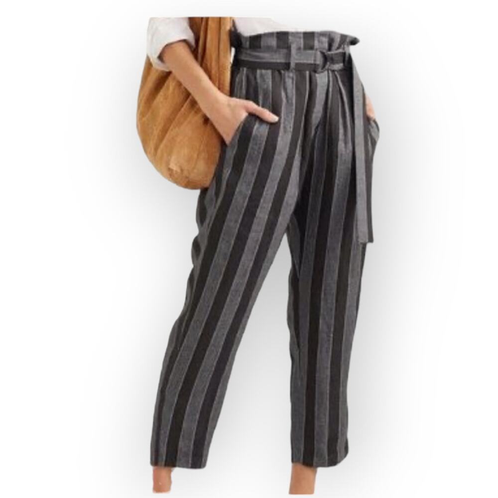 Brunello Cucinelli Grey Striped Linen Paperbag Pants 2 Elastic Relaxed Neutral